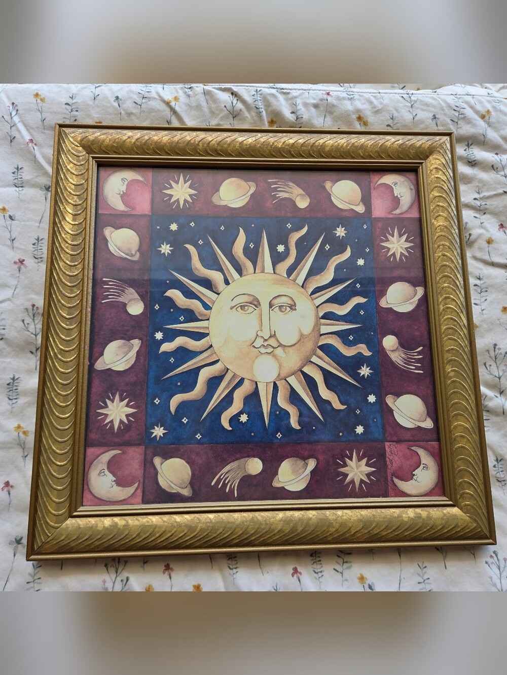 90s Vintage Mary Beth Zeitx Sun Face Celestial Framed Wall Art
